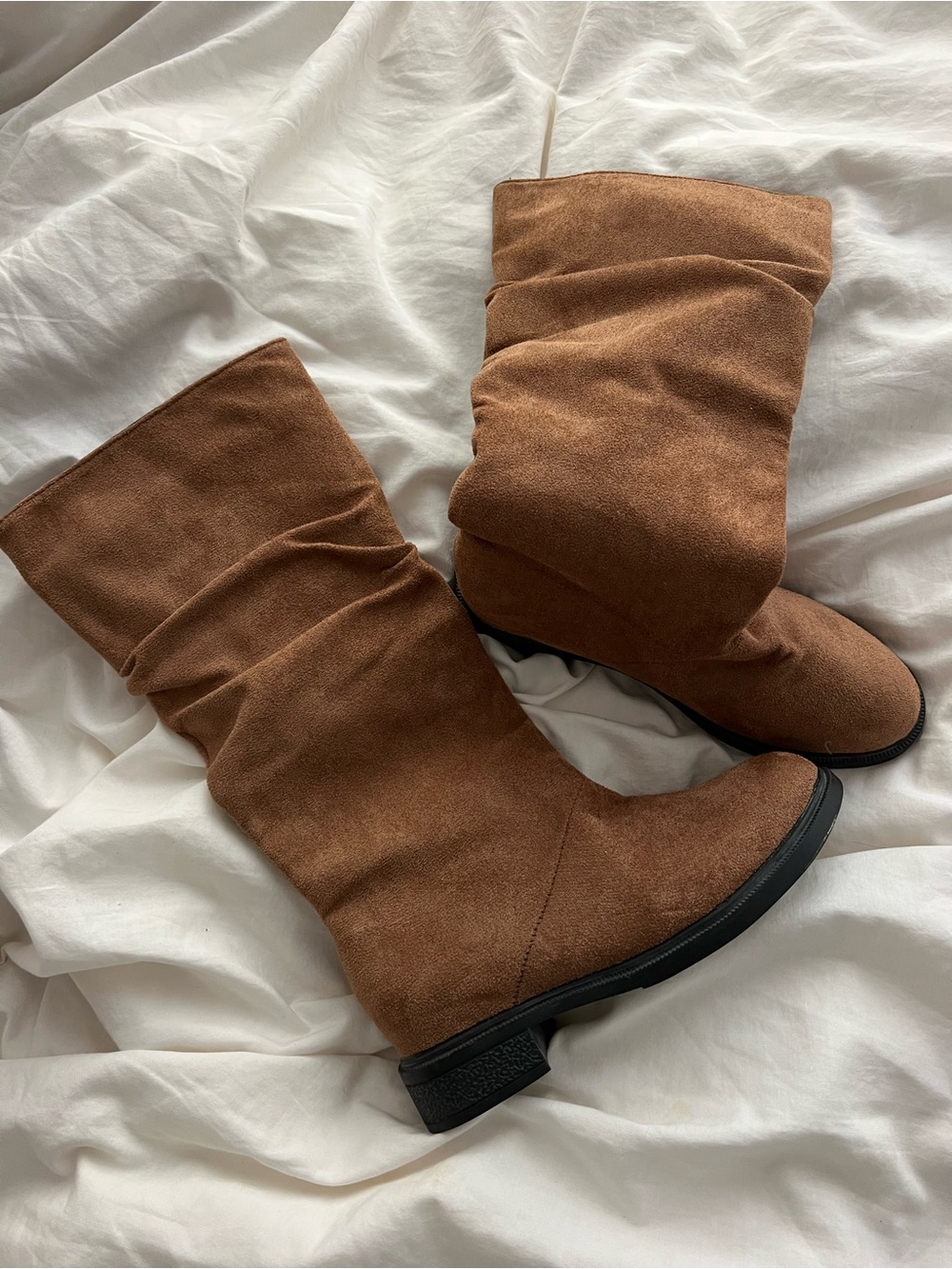 Brown Suede Slouch Mid-Calf Boots - Women